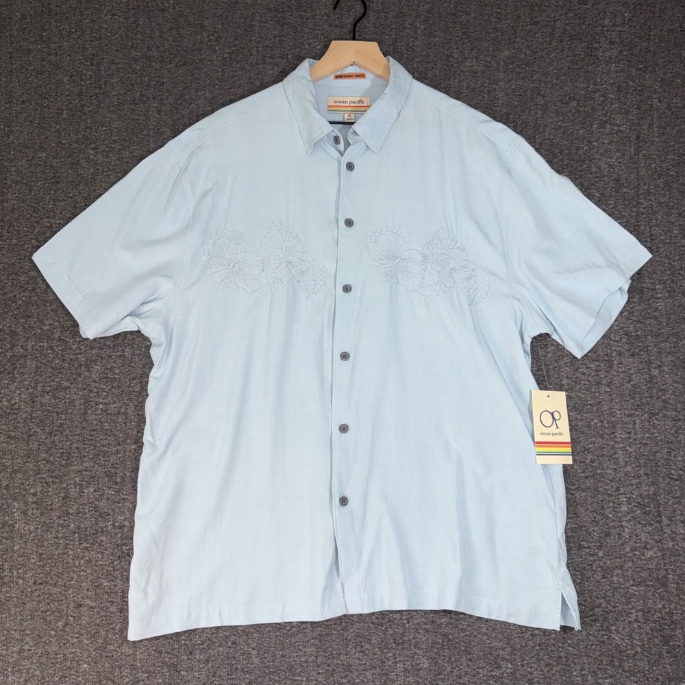 OP Ocean Pacific Shirt Mens XL Blue Embroidered Floral Button Up NWT